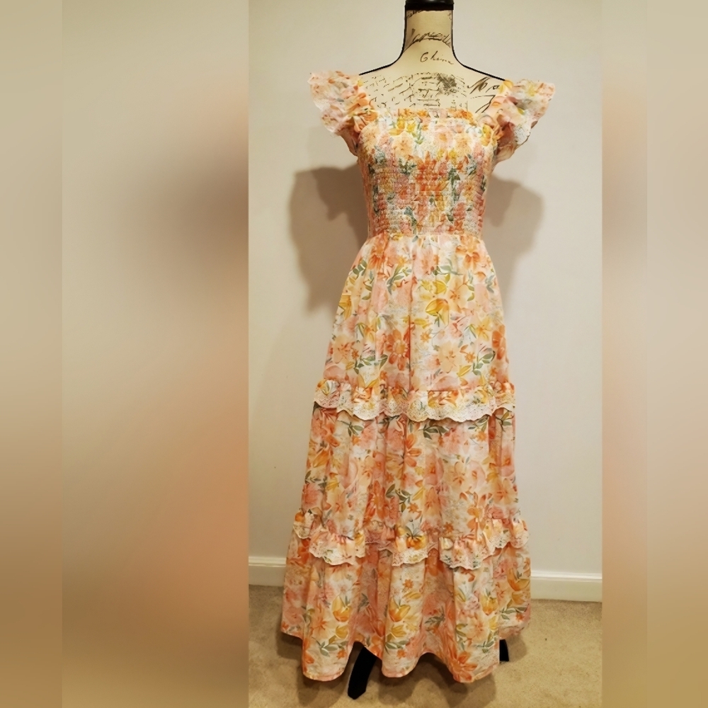 Haute Hippie Orange/Pink  and Cream  Floral Maxi Dress, Size 6. - Picture 16 of 16